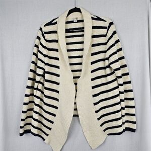 LL‎ Bean Cardigan Sweater Cream Navy Blue Striped Women's Size Large